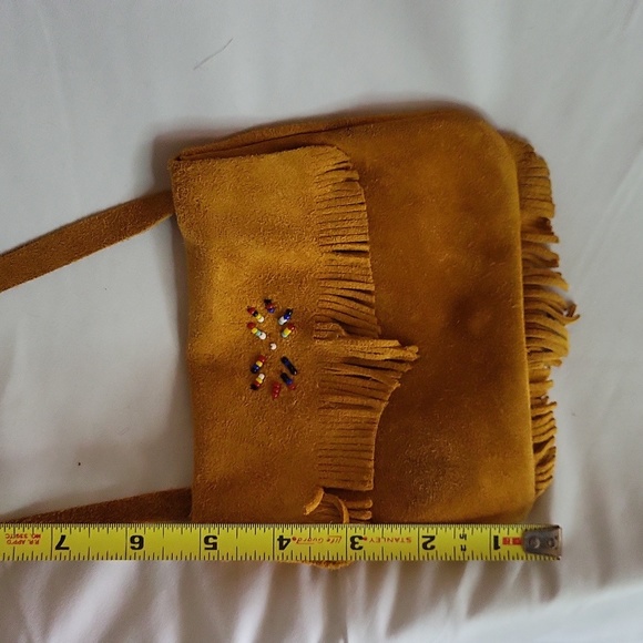 Suede Native Purse beads fringe  crossbody 5 x 6" 90s Cherokee NC good used cond - Picture 15 of 16